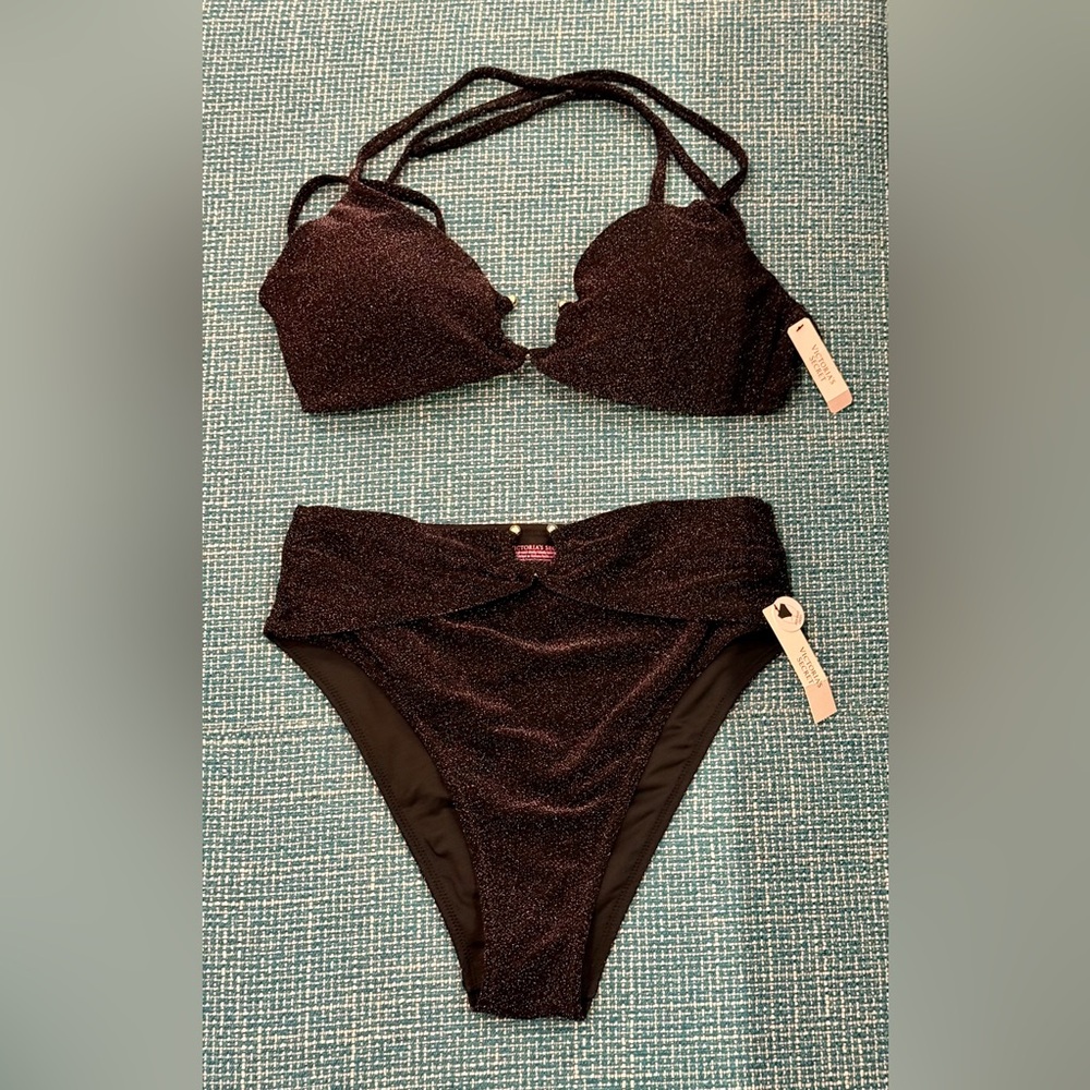 Victoria’s Secret 2 piece MEDIUM LARGE Glitter Swimsuit Bathing Suit Black Gold